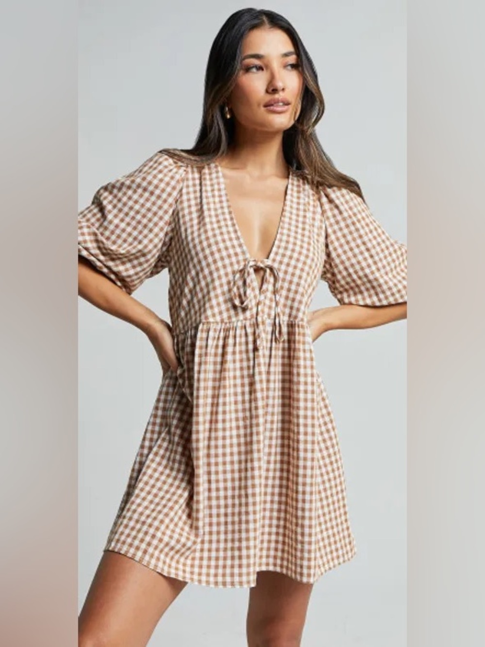 NWT Showpo Rosita Caramel Gingham Puff Sleeve Tie Front Mini Dress Size 6 cotton